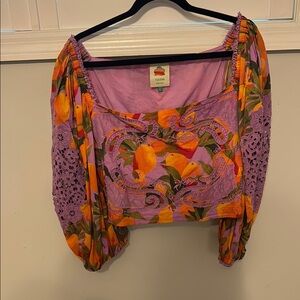 Farm Rio Multicolored Flutter Sleeve Crop Blouse